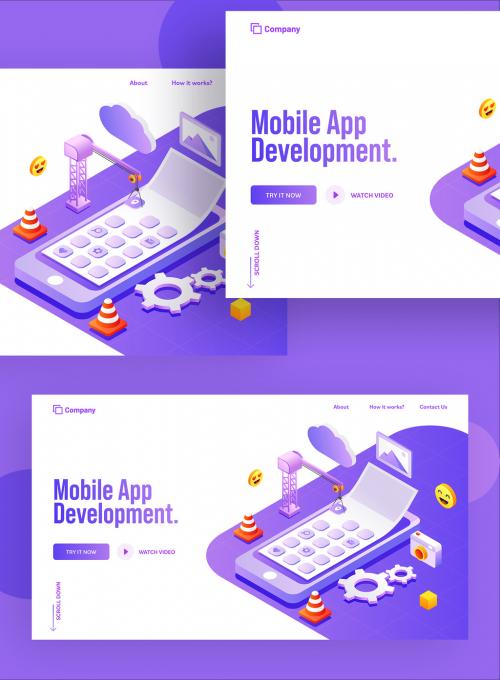 Isometric Multiple Apps Under Maintenance By Tower Crane In Smartphone Screen For Mobile App Development Concept Based Landing Page. 644482454