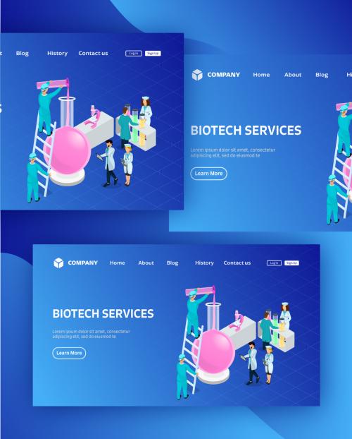 Biotech Services Based Landing Page Design With Medical Team Working Together In Laboratory. 644482433