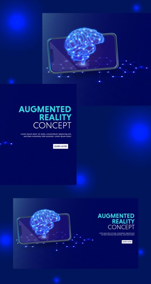 Augmented Reality (AR) Concept Based Landing Page With Digital Brain At Smartphone On Blue Hexagon Connection Background. 644482414