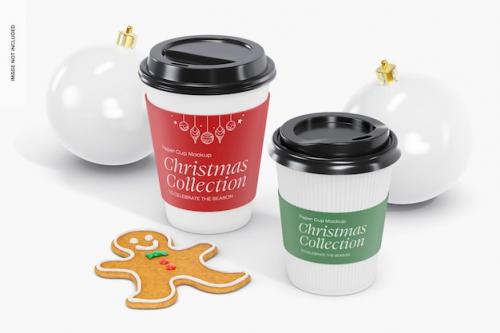 Premium PSD | Paper cups with christmas decoration mockup, perspective Premium PSD