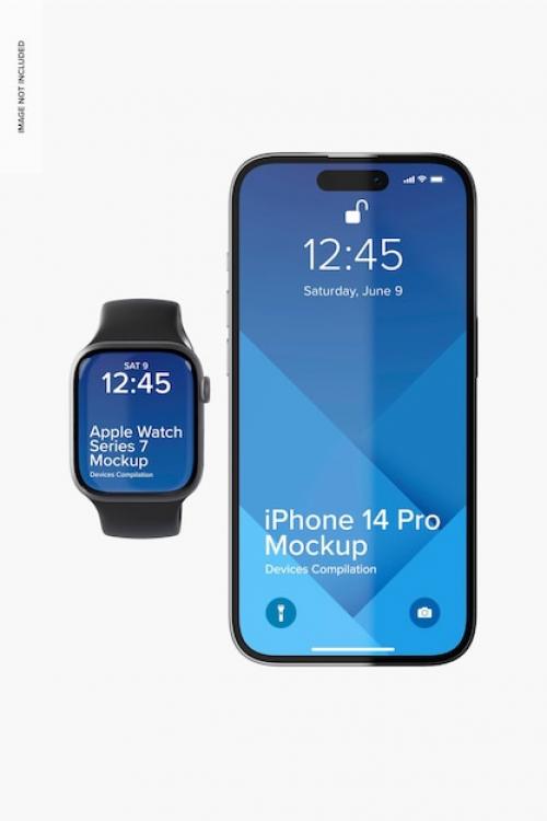 Premium PSD | Iphone 14 pro with apple watch series 7 mockup, front view Premium PSD