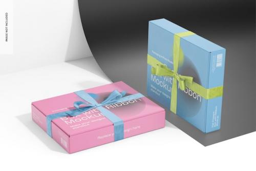 Premium PSD | Flat present boxes with ribbon mockup, standing and dropped Premium PSD