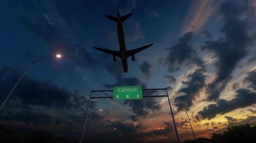Videohive - Cancun City Road Sign - Airplane Arriving To Cancun Airport Travelling To Mexico - 48258299 - 48258299
