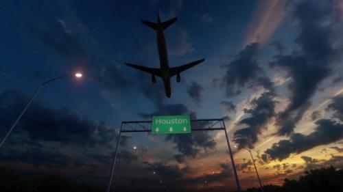 Videohive - Houston City Road Sign - Airplane Arriving To Houston Airport Travelling To United States - 48258381 - 48258381