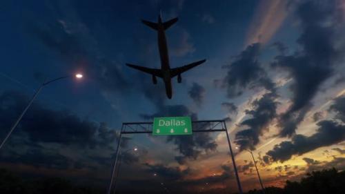 Videohive - Dallas City Road Sign - Airplane Arriving To Dallas Airport Travelling To United States - 48258384 - 48258384