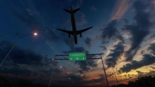 Videohive - Louisville City Road Sign - Airplane Arriving To Louisville Airport Travelling To United States - 48258389 - 48258389