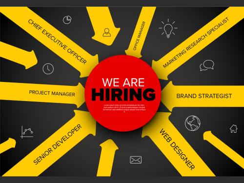 We are hiring minimalistic yellow and red flyer template with arrows containing position names 644001516