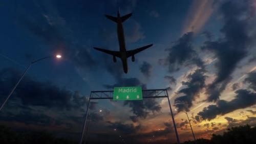 Videohive - Madrid City Road Sign - Airplane Arriving To Madrid Airport Travelling To Spain - 48258420 - 48258420