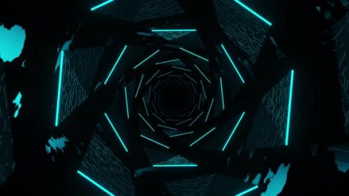 Videohive - Very dark and blue looking tunnel with neon lights. Looped animation - 48355602 - 48355602