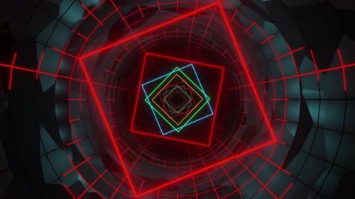 Videohive - Multicolored neon squares glowing in tunnel. Looped animation - 48355611 - 48355611