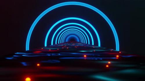Videohive - Tunnel with blinking blue semicircles and reflective floor. Looped animation - 48355614 - 48355614