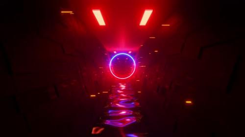 Videohive - Tunnel with neon red-blue circle and many lights. Looped animation - 48355617 - 48355617