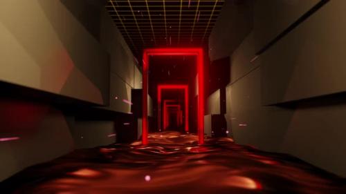 Videohive - Hallway with red doors and gold water. Looped animation - 48355637 - 48355637