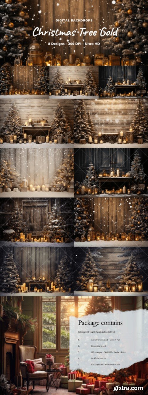 Christmas Tree Gold Digital Backdrops