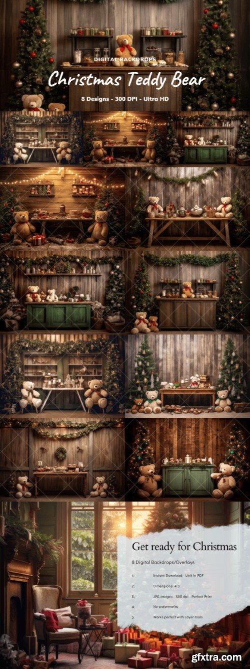 Christmas Teddy Bear Digital Backdrops