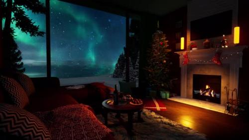 Videohive - Celebrating Christmas by the fireplace overlooking the polar lights - 48366470 - 48366470