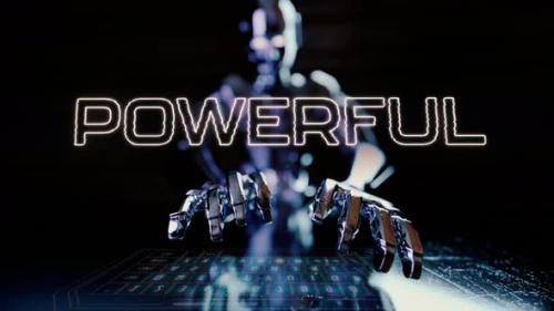 Videohive - Powerful Text Animated With Ai Robot Businessman Typing On A Futuristic Keyboard - 48369667 - 48369667