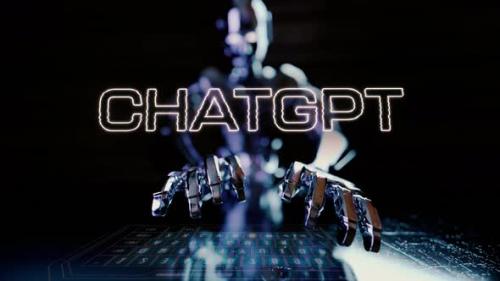 Videohive - Chat Gpt Text Animated With Ai Robot Businessman Typing On A Futuristic Keyboard - 48369669 - 48369669