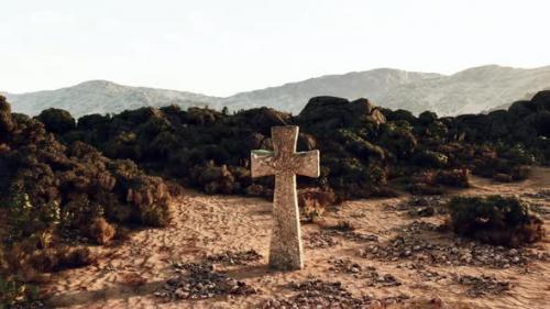 Videohive - A Solitary Stone Cross in the Vast Desert Landscape - 48388205 - 48388205