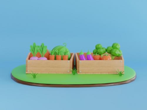 Premium PSD | Harvest of vegetables in the box fresh healthy vegetables in a wooden box 3d illustration Premium PSD