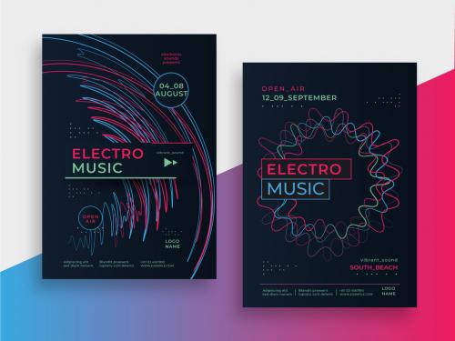 Electronic Music Posters Layout with Neon Sound Waves 643817591