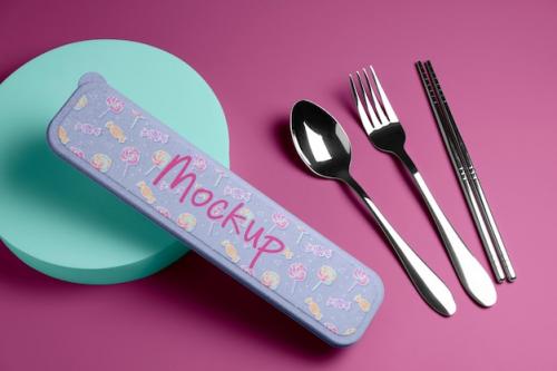 Premium PSD | Top view on cutlery box mockup design Premium PSD