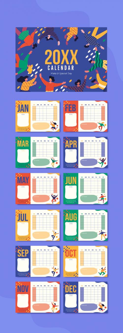 Colorful Calendar and Planner Template with Happy People Illustrations 643709103