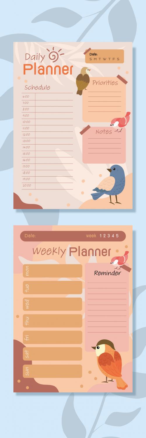 Cute Weekly and Daily Planner with Birds in Autumn Colors 643707814