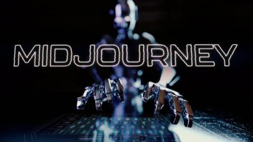 Videohive - MidJourney Text Animated With Ai Robot Businessman Typing On A Futuristic Keyboard - 48368375 - 48368375