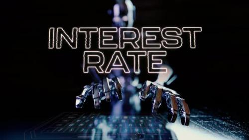Videohive - Interest Rate Text Animated With Ai Robot Businessman Typing On A Futuristic Keyboard - 48369677 - 48369677