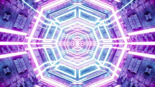 Videohive - Move Through Neon Light Beam Octagon Brick Tunnel - 48383687 - 48383687