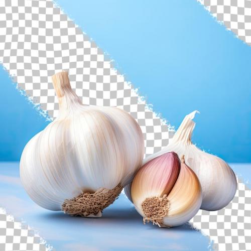 Premium PSD | Garlic on blue wooden table space available for copy Premium PSD