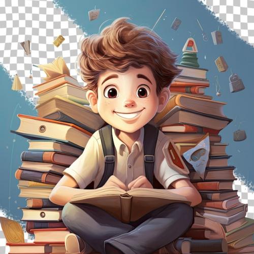 Premium PSD | Happy boy going to school with books education reading and imagination development Premium PSD