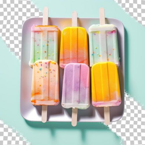 Premium PSD | Ice cream pops arranged on a silver sheet contrasting with a transparent background Premium PSD