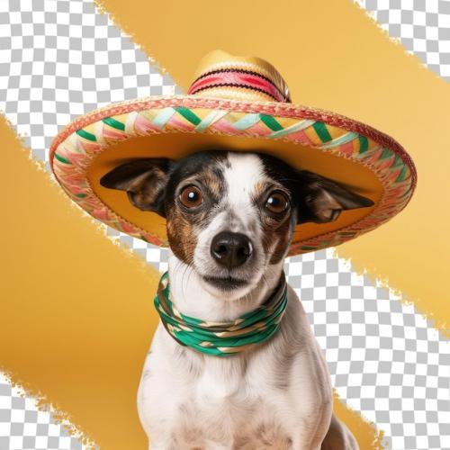 Premium PSD | Mexican themed studio portrait of adorable terrier dog donning sombrero seated against transparent background Premium PSD