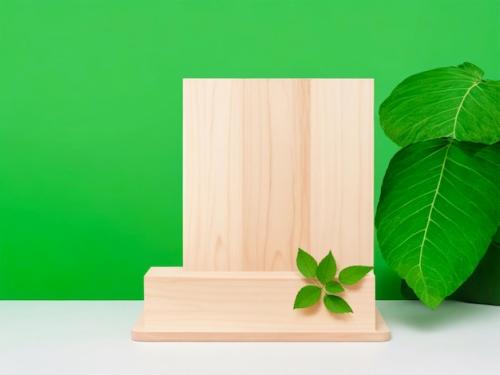 Premium PSD | Cosmetics advertising blank stand exhibition wooden podium on green background with leaves Premium PSD