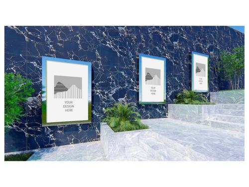 Public Space Stairs Black Marble Wall 3 Vertical Billboards Side View Mockup 641490904