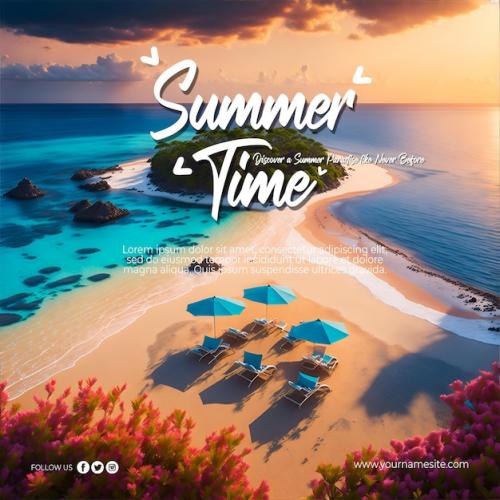 Premium PSD | Summer time social media post template with beautiful island and sunset for tourism Premium PSD