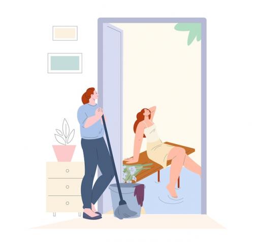 Premium Vector | Girl cleaner worker dreaming about vacation on sea young service woman hold broom and looking outside home on relaxed happy female vector concept of professional housewife illustration Premium PSD