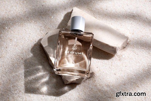 Perfume Bottle on Stone and White Sand Background CHX942C