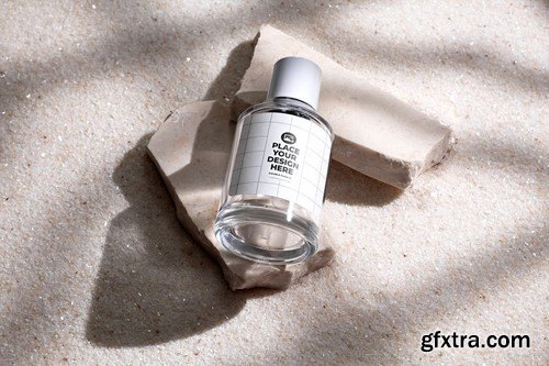 Perfume Bottle on Stone and White Sand Background 6E5R86U