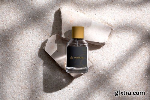 Perfume Bottle on Stone and White Sand Background 6E5R86U