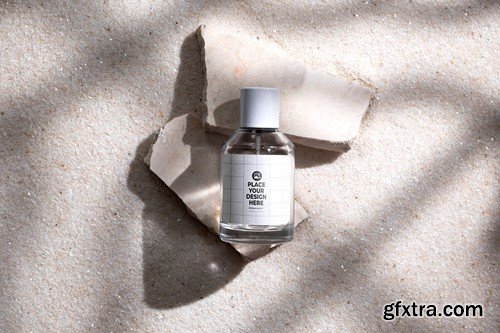 Perfume Bottle on Stone and White Sand Background 6E5R86U