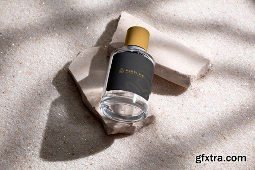 Perfume Bottle on Stone and White Sand Background 6E5R86U