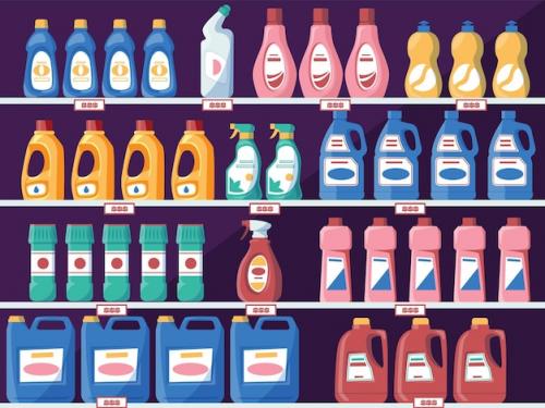 Premium Vector | Shelves with detergent bottles grocery store shelves with liquid soap powder household cleaning products vector supermarket concept plastic packages home domestic cleanup isolated set Premium PSD