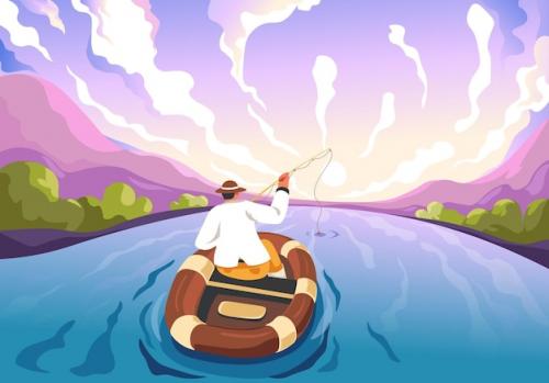 Premium Vector | Fisherman boat on pond morning fishing in forest lake or river cartoon fisher with rod catch fish summer vacation fishman activities angler recreation recent vector illustration of boat river Premium PSD