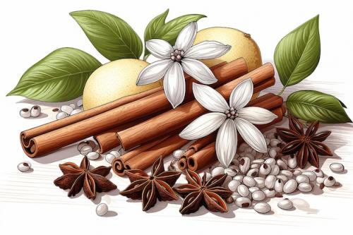 Premium Vector | Cinnamon sticks with flower vector illustration with cinnamon flower and black pepper seeds on white Premium PSD