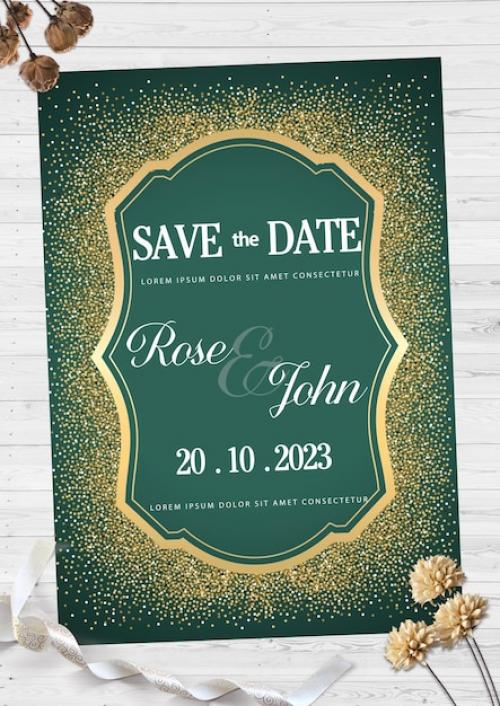 Premium PSD | Green and gold save the date card with gold glitters Premium PSD