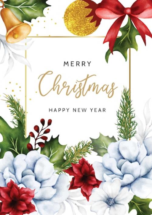 Premium PSD | Christmas and new year card with watercolor christmas flower and leaves Premium PSD