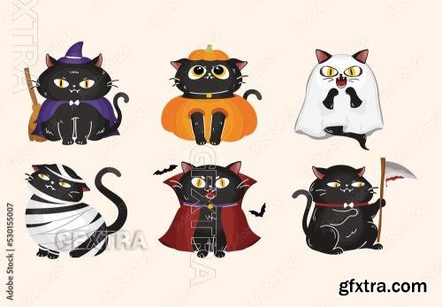 Cute Cartoon Black Cats Halloween Character Illustrations 530155007